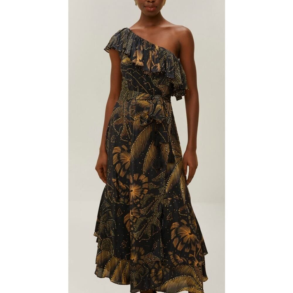 NWT Farm Rio Golden Foliage Black One Shoulder Maxi Dress Sz. XS - Picture 2 of 9
